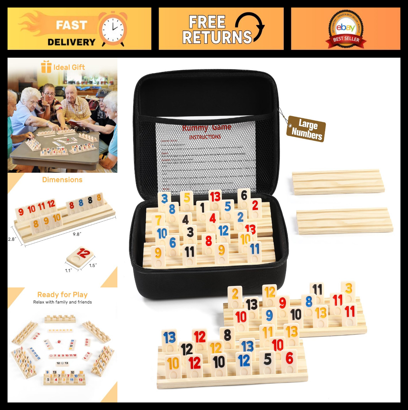 Rummy Cube 6 Player Game Set – 160 Large Number Tiles, Wooden Racks & Travel Cas