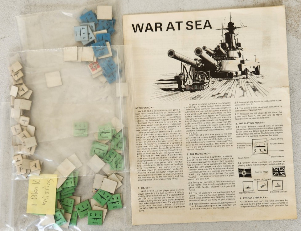 1976 Avalon Hill War At Sea No. 705 World War II Board Game Naval Realistic War
