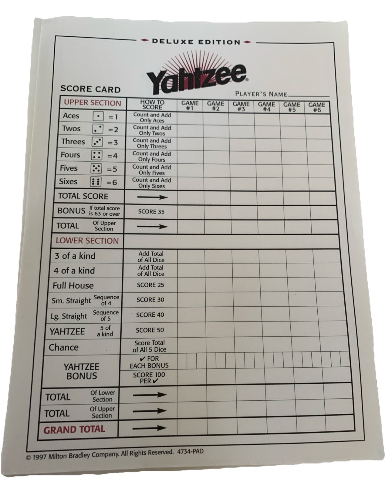 Yahtzee Deluxe Edition Board Game Golden Flecked Dice 1997 Complete W/O Pencils