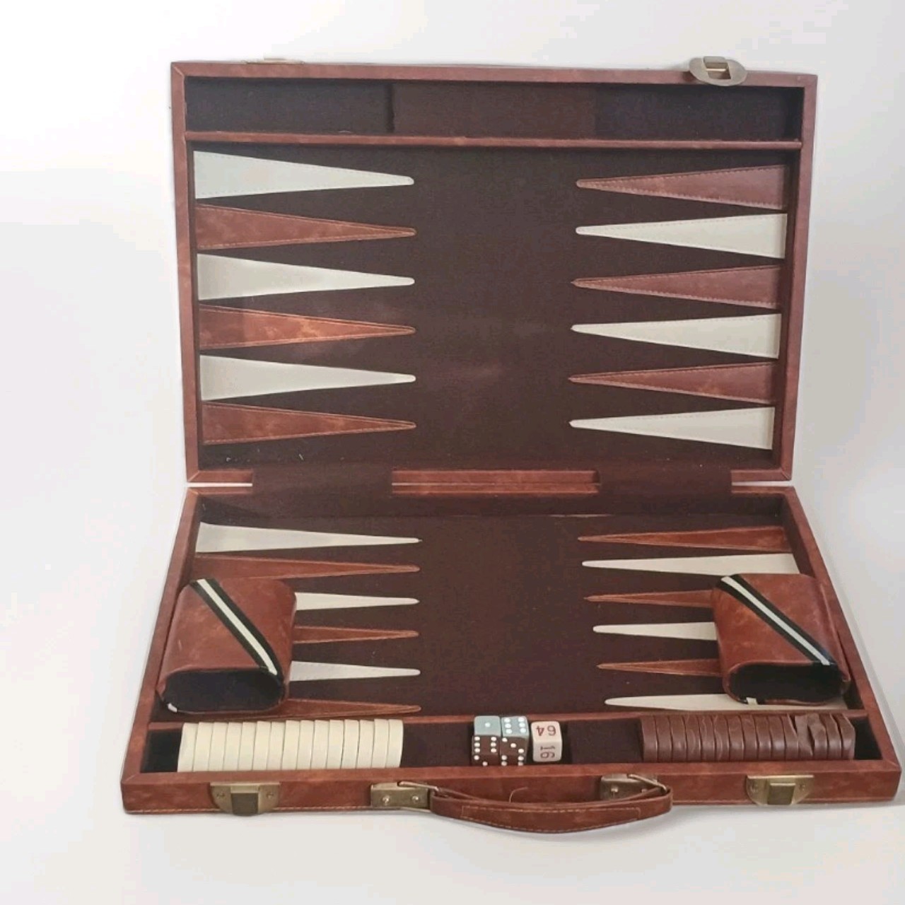 VTG 12″x 18″ Backgammon Set Brown Faux Leather Case Complete Some Chip Damage