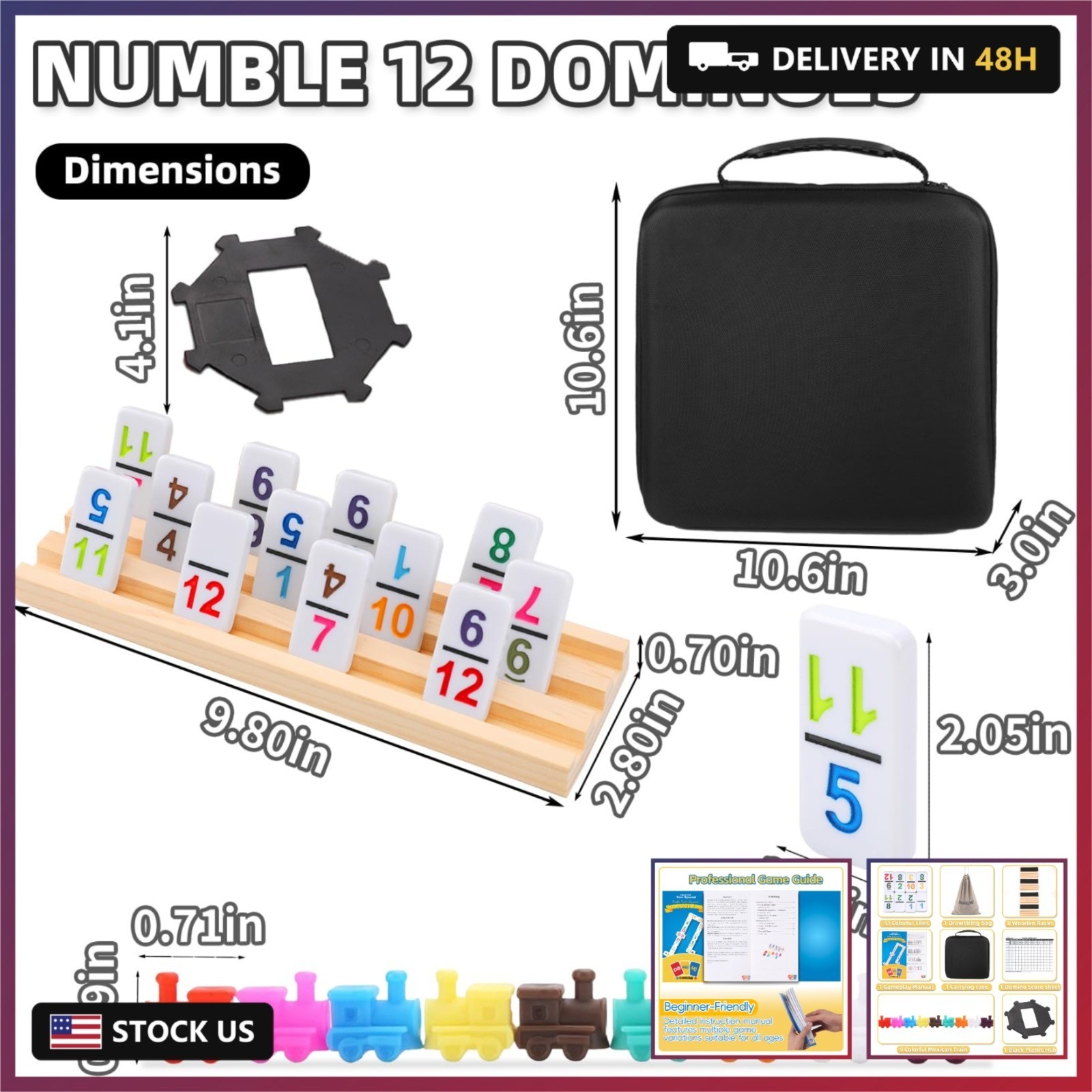 Mexican Train Dominoes Set Numbers and 8 Wooden Holders, Double 12 Travel Domino