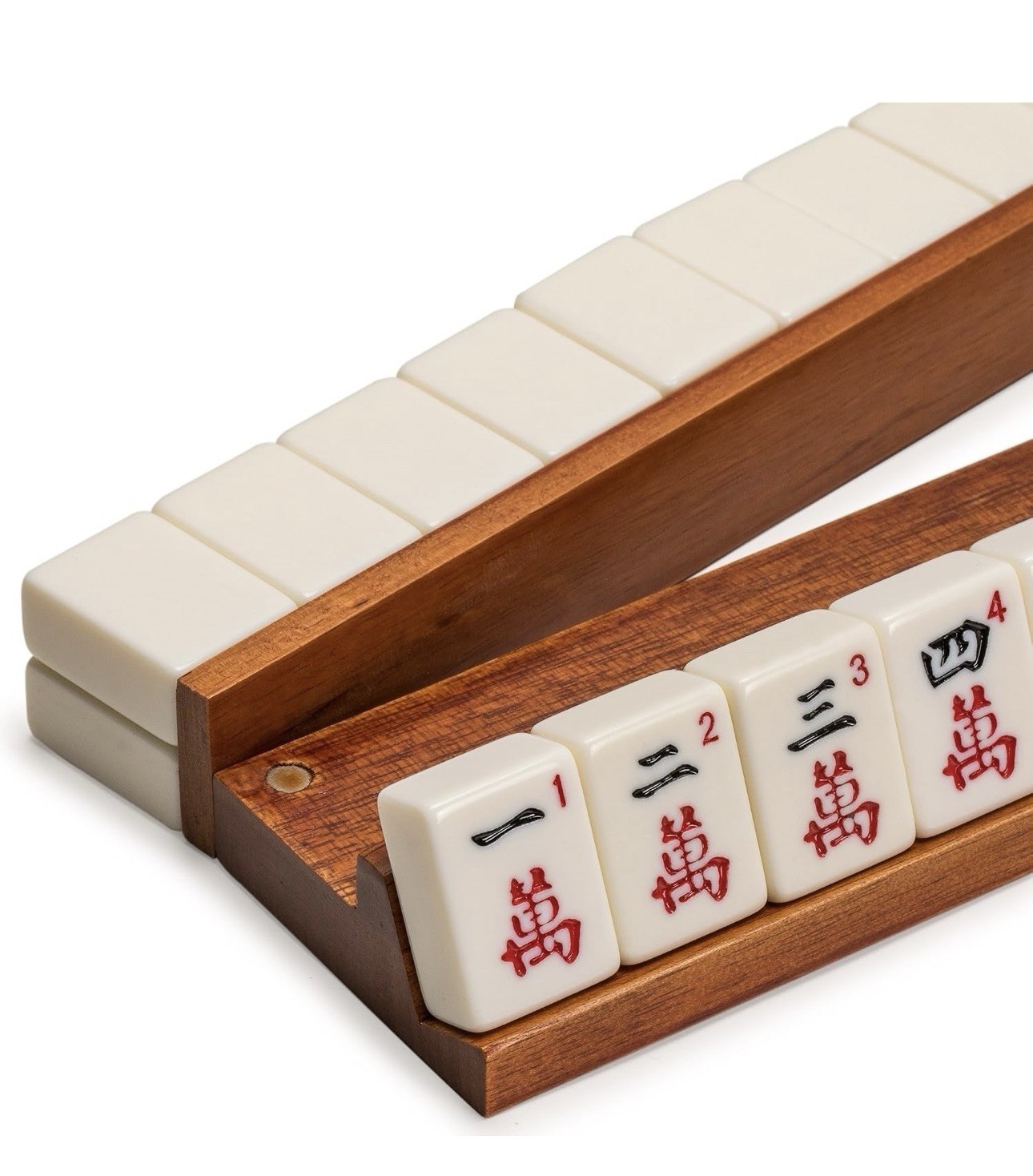 Classic Chestnut Color Wooden Mahjong Game Racks with Pushers, 18″ – Set of 4