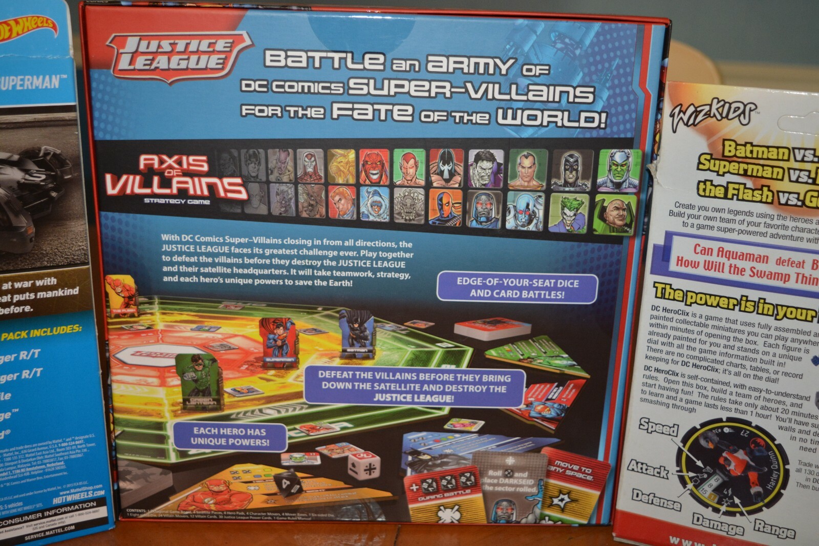 DC JUSTICE LEAGUE GAME AXIS OF VILLAINS, HEROCLIX HYPERTIME STARTER + HOT WHEELS