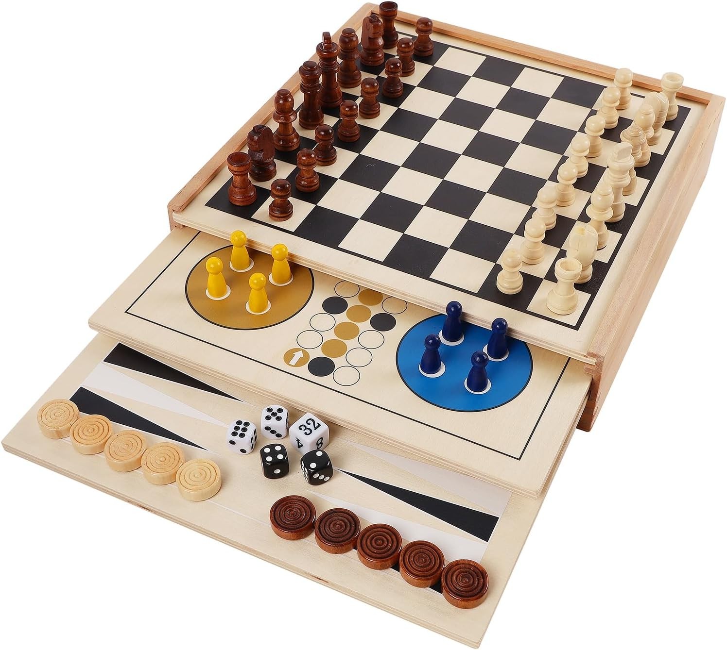 7-in-1 Wooden Board Game Set for Kids Adults, Tabletop Combo Classic Travel Port