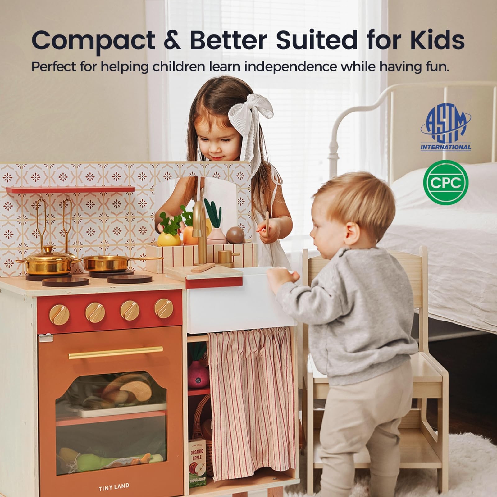 Wooden Play Kitchen Toddler Warm Retro Design 23 L x 12 W 29 H Tiny Land