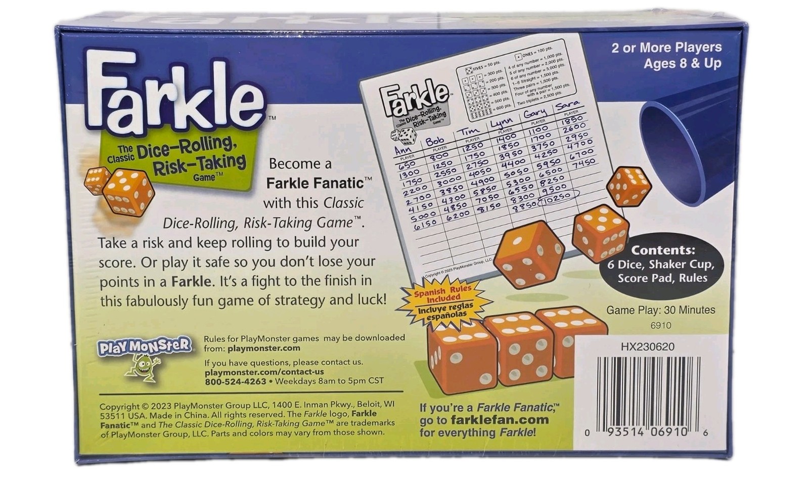 PlayMonster Farkle Dice Strategy Game Score Pad Shaker Cup 2+ Players 8+