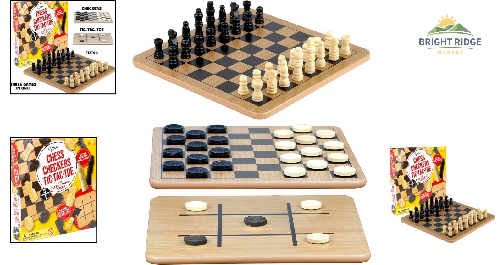 Reversible Wooden Board Game for Chess, Checkers & Tic-Tac-Toe – 10.5 Inch