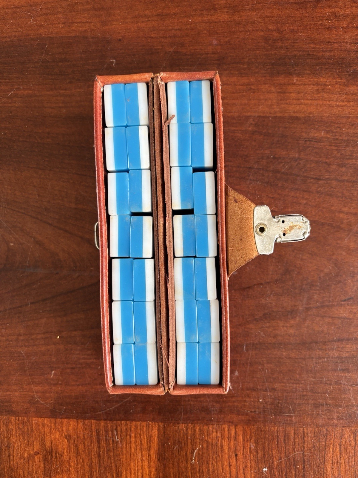 Vintage Mid-Century Double Six Domino Set in Tooled Leather Case Complete 28 Pcs