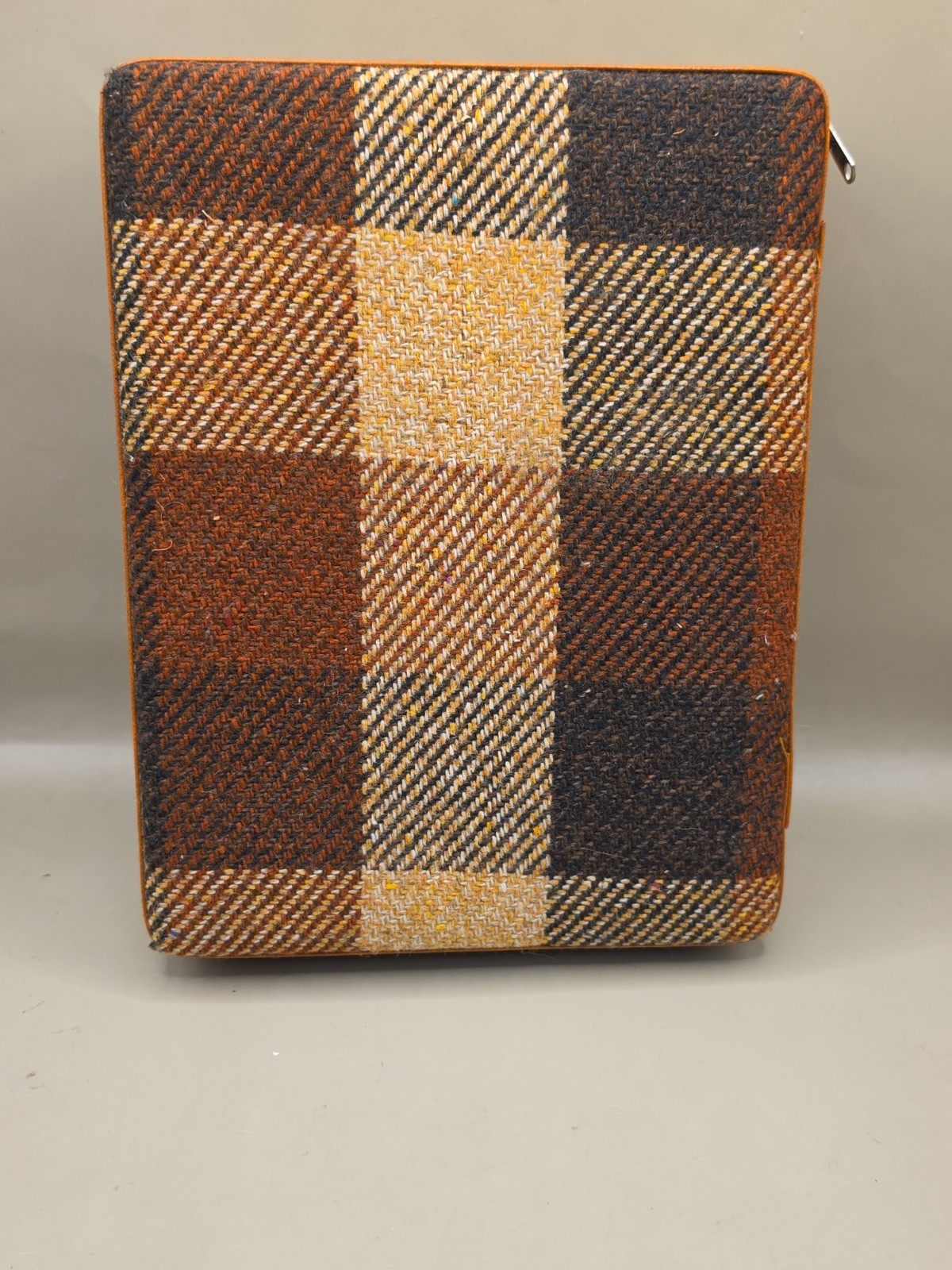 Vintage Backgammon Set Zippered Travel Case Brown Plaid Wool & Leather Complete