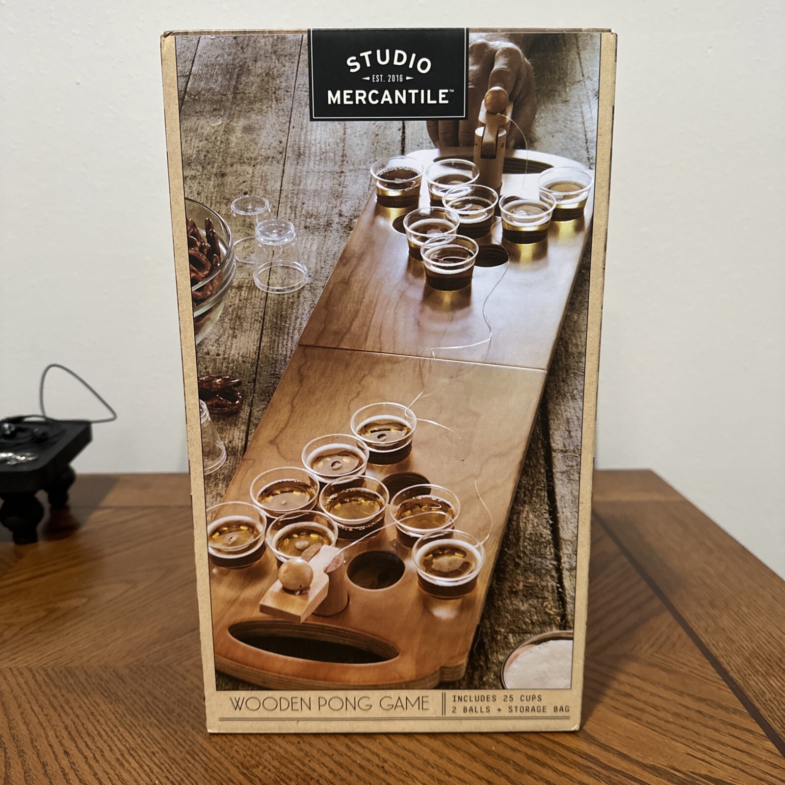 Portable Wooden Mini Beer Pong Drinking Game, New in Box