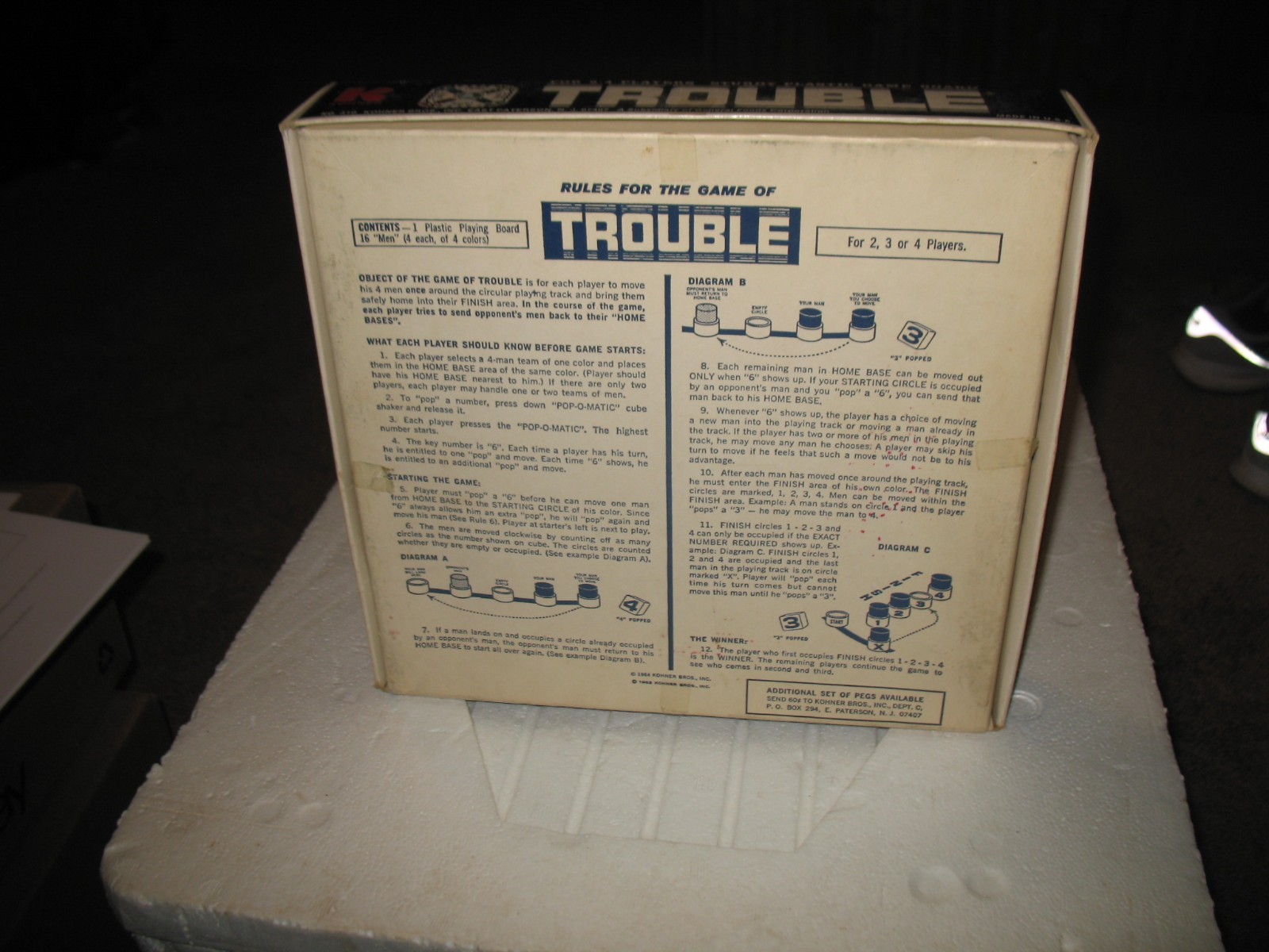 VTG KOHNER BROS BOARD GAME 1965 TROUBLE AGES 8 & UP GOOD USED CONDITION COMPLETE