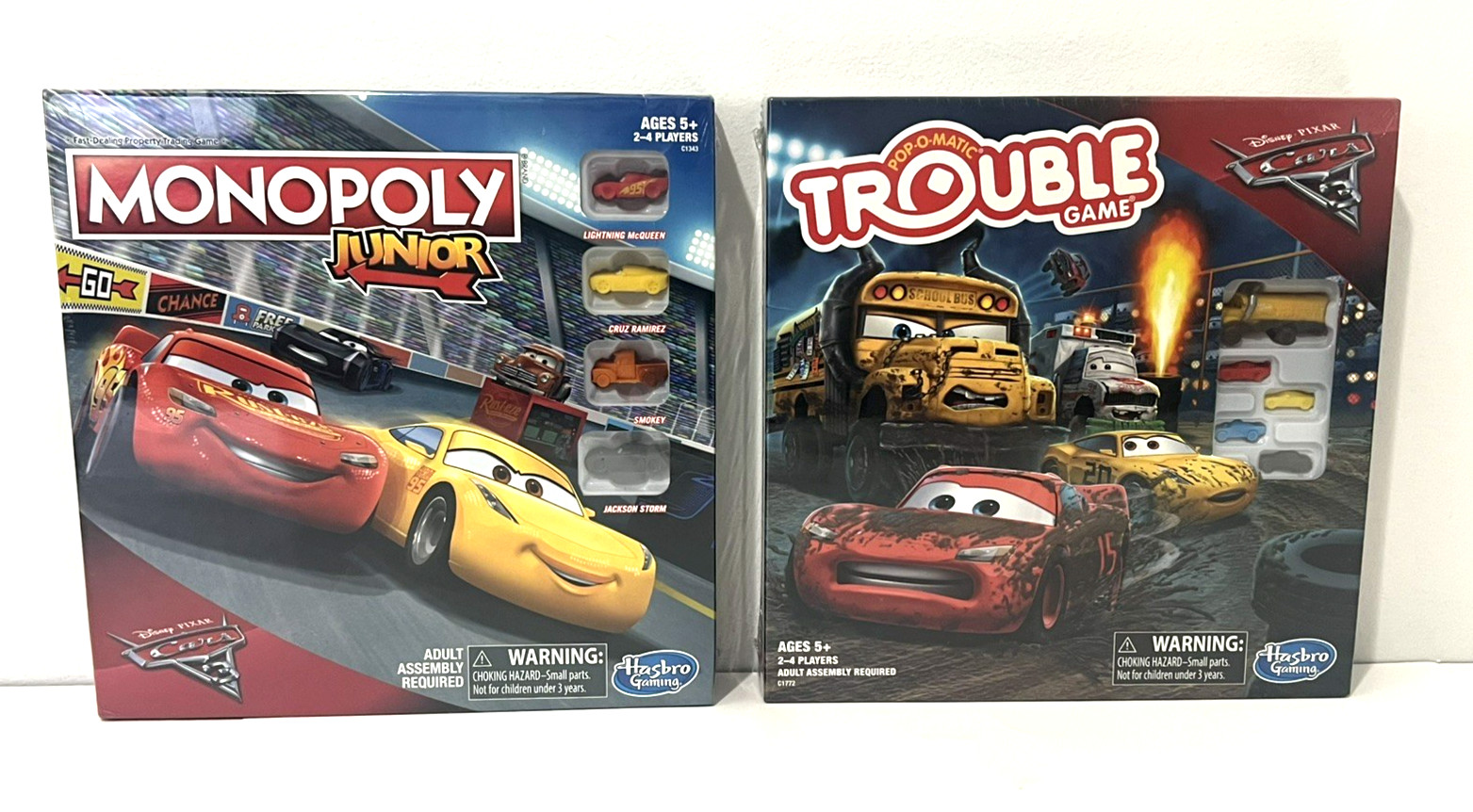 LOT OF 2 DISNEY PIXAR CARS 3 BOARD GAMES MONOPOLY JR &POP-O-MATIC TROUBLE HASBRO