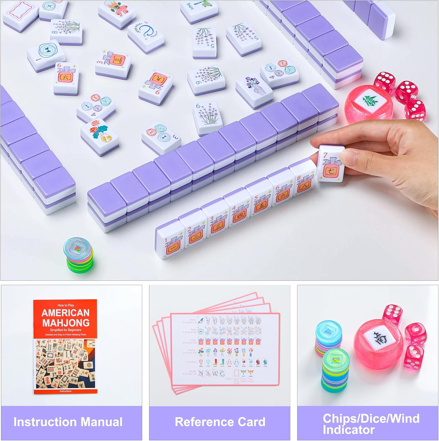 American Mahjong Tile Set, 160 Purple Engraved Melamine Mahjong Tiles with Mahjo