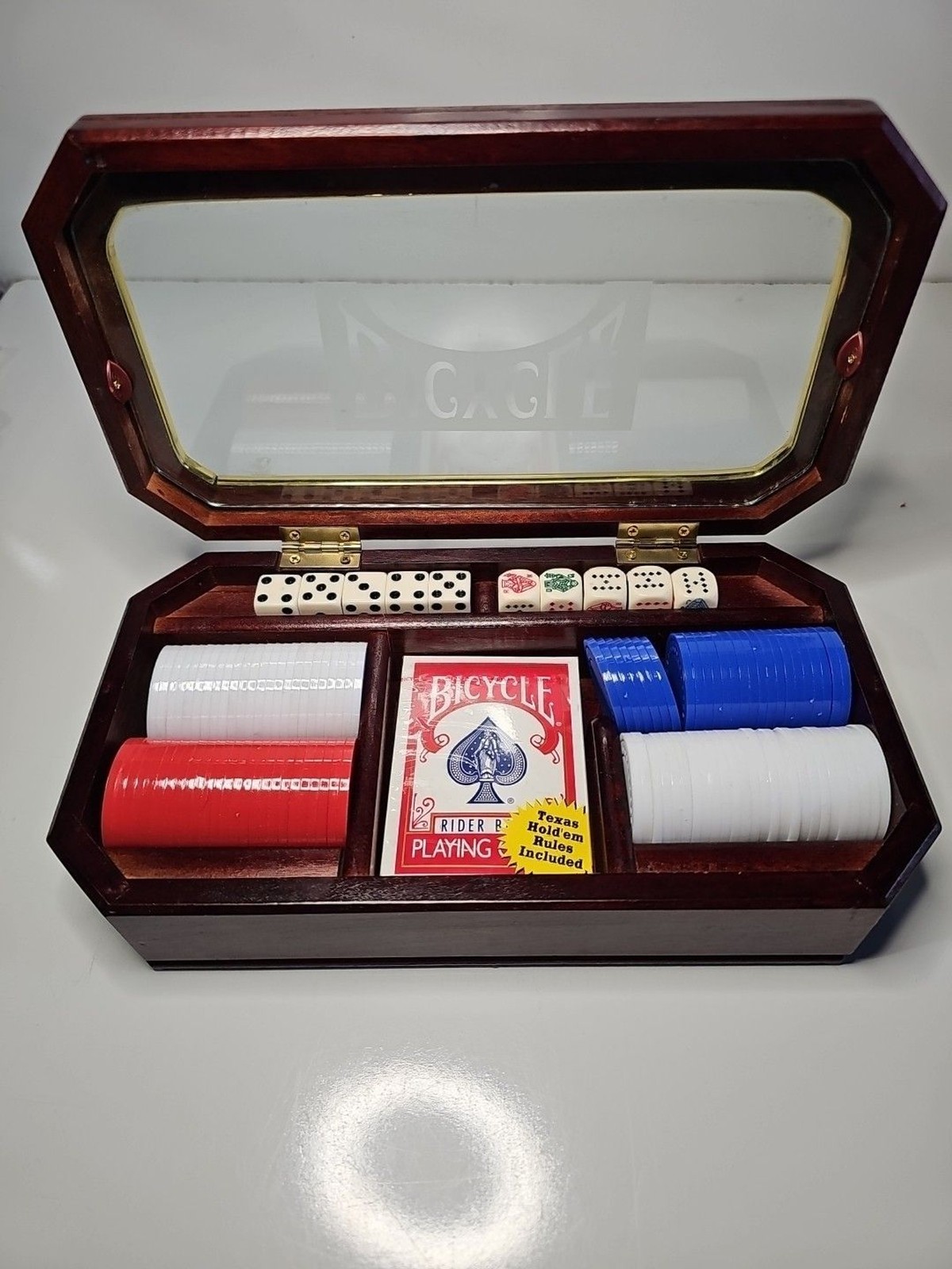 Bicycle Poker Set 1 Sealed Deck 10 Dice Red, Blue and White Chips Wood Box Glass
