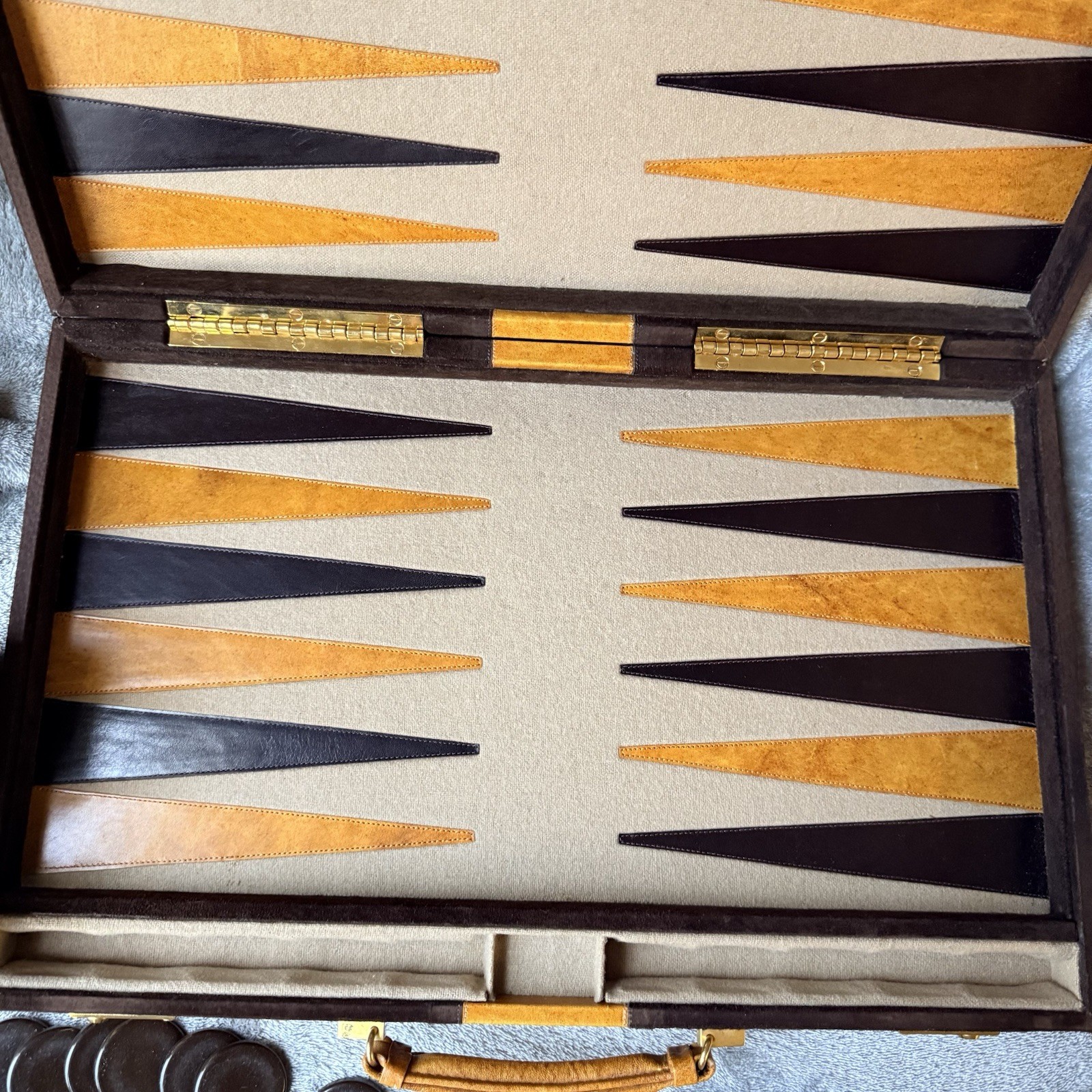 Vintage Aries Mexico Pigskin leather Backgammon Set Case Complete checkers W/Key