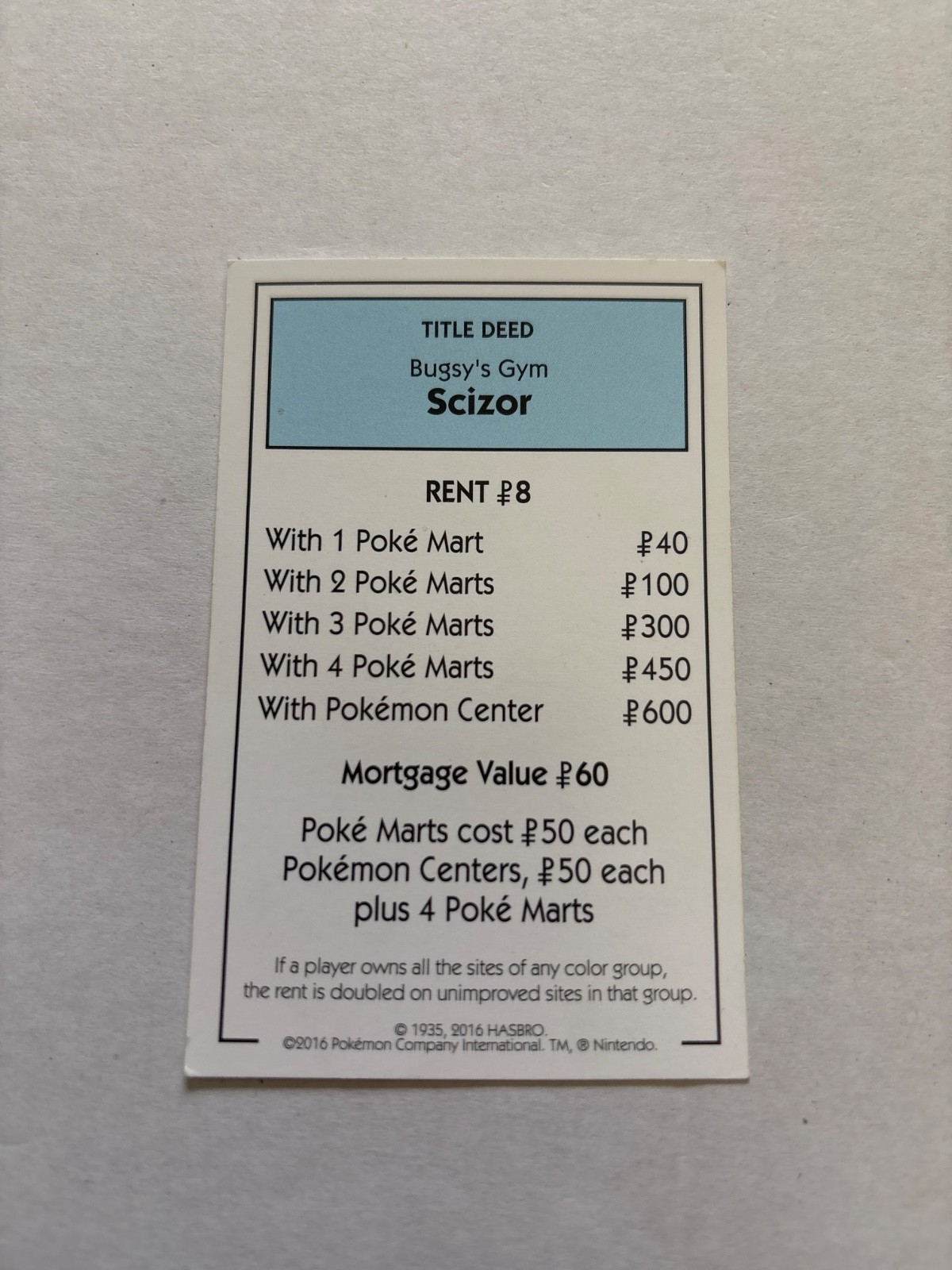2016 Monopoly Pokémon Title Deed Card Game Piece Light Blue Bugsy Gym Scizor