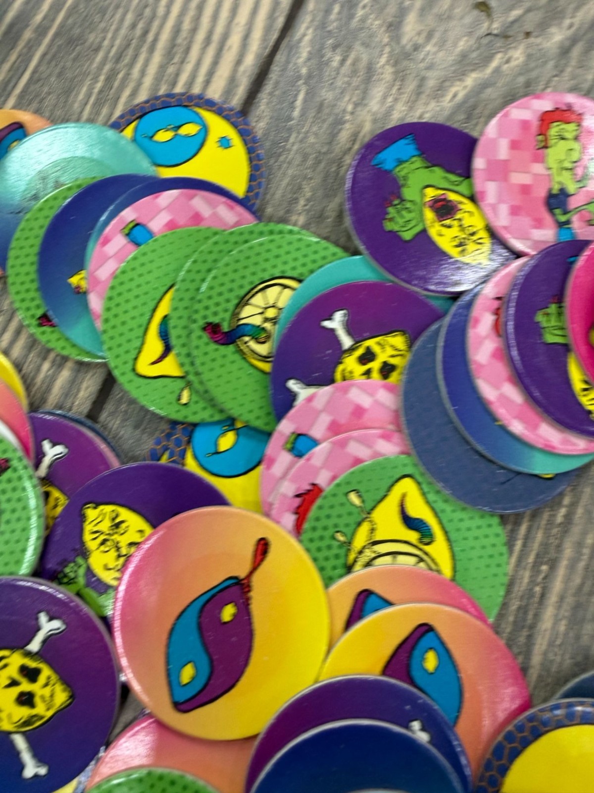 Vintage 90s Pogs Lot With Bright Graphics & Tube Container – Assorted Designs