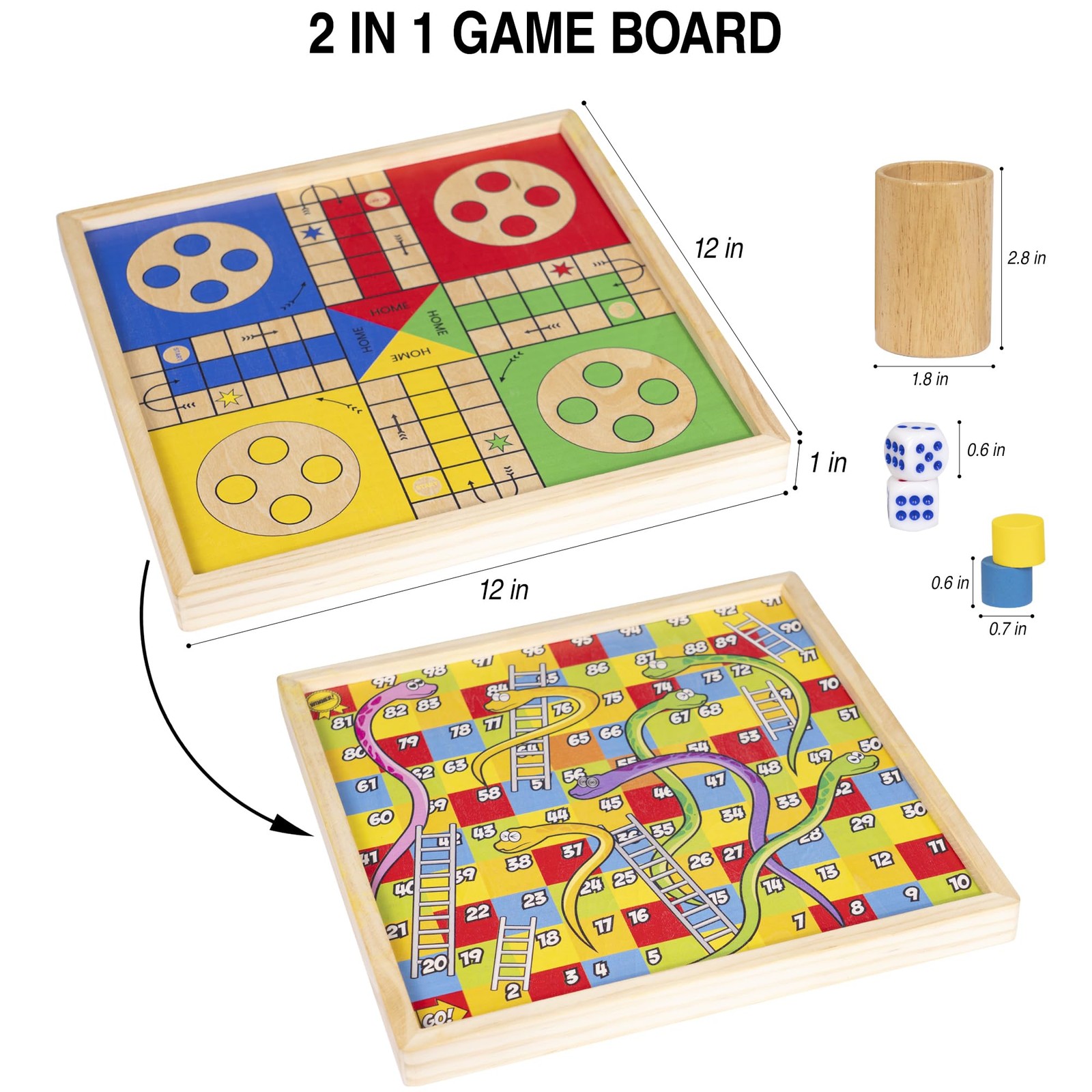 12 Inch Wooden Ludo Board Game & Snakes and Ladders 2-in-1 Reversible Classic…