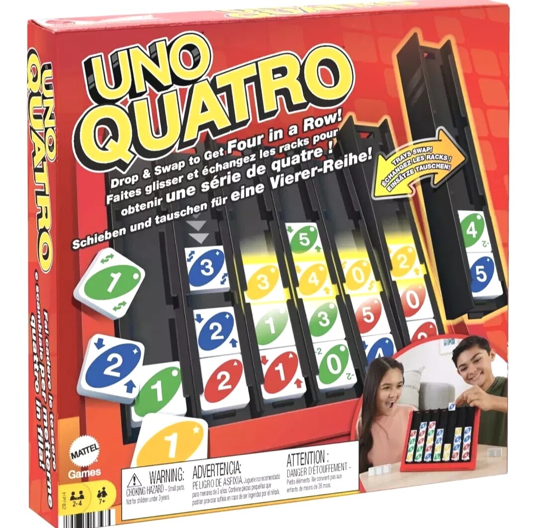 UNO Quatro Game with Colored Tiles & Plastic Game Grid for Adult, Family & Ga…