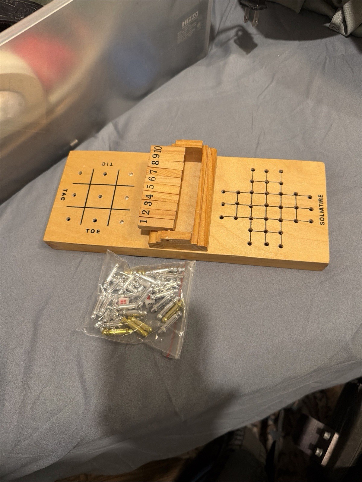Mini Wood 3 in 1 Game Set, Tic Tac Toe, Peg Solitaire, Shut The Box W/ Storage