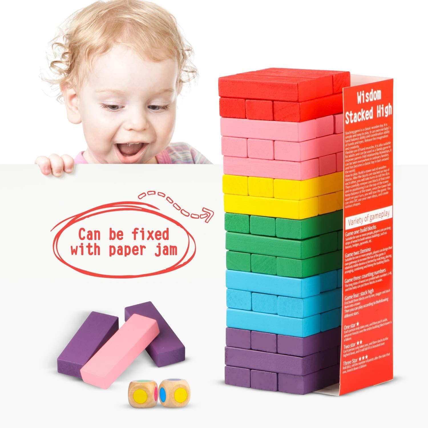 48PCS Wooden Stacking Blocks Game with Storage Bag for Kids and Family