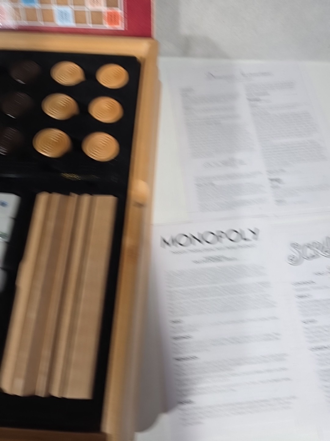 Monopoly Scrabble +4 Classic Games Solid Wood Cabinet Some Parts Sealed Unused