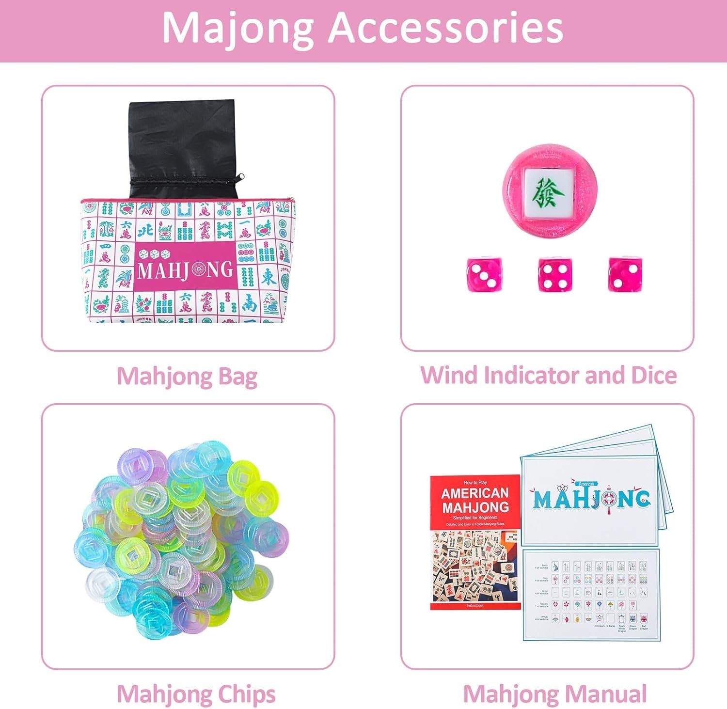 160 Pink American Printed Mahjong Game Set with Carrying Bag and Accessories