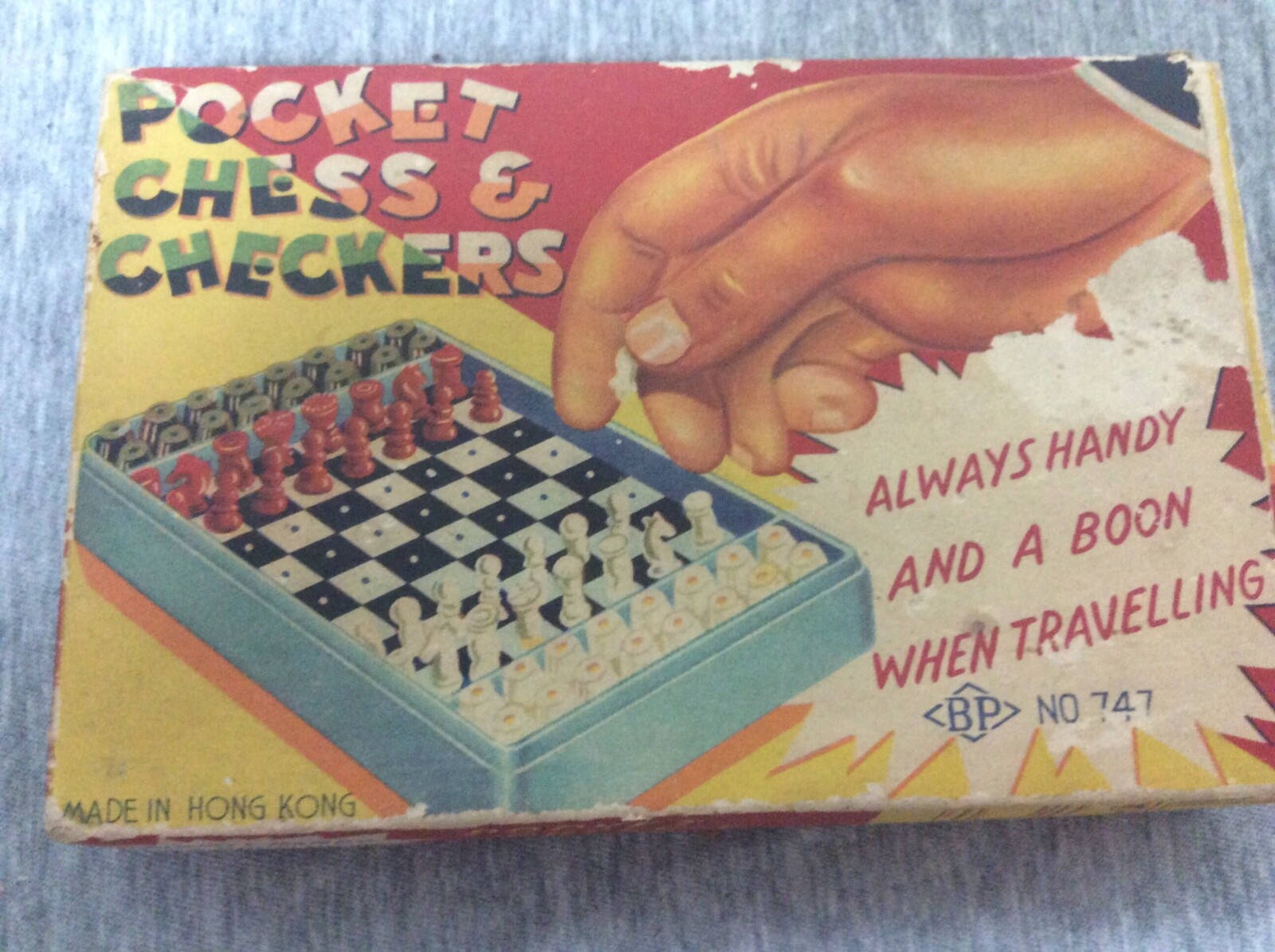 Vintage Pocket Chess & Checkers Combination Original Box BP Hong Kong