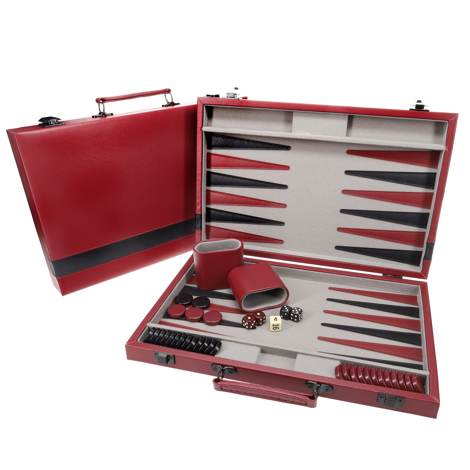 WE Games Burgundy/Black Leatherette Backgammon Set, 18 x 11 in. closed