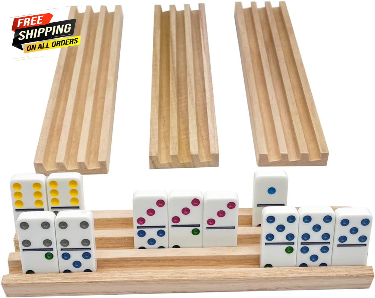 Wooden Domino Racks Set of 4 Natural Domino Trays Holders Organizer for Mexican
