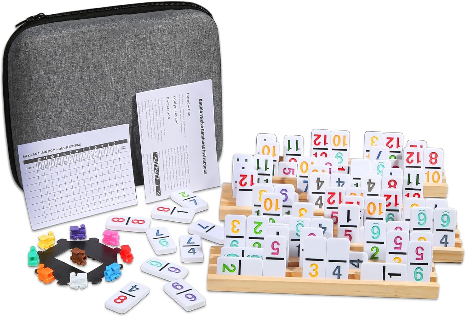Mexican Train Numbers Dominoes with 4 Wood Trays, Color Double 12 Numerical