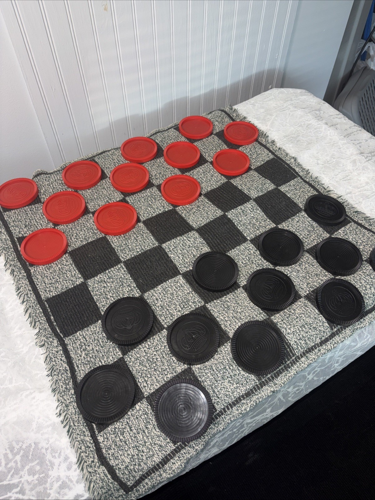 Giant 3-in-1 Checkers & Mega Tic Tac Toe 26″ Reversible Rug Board Game