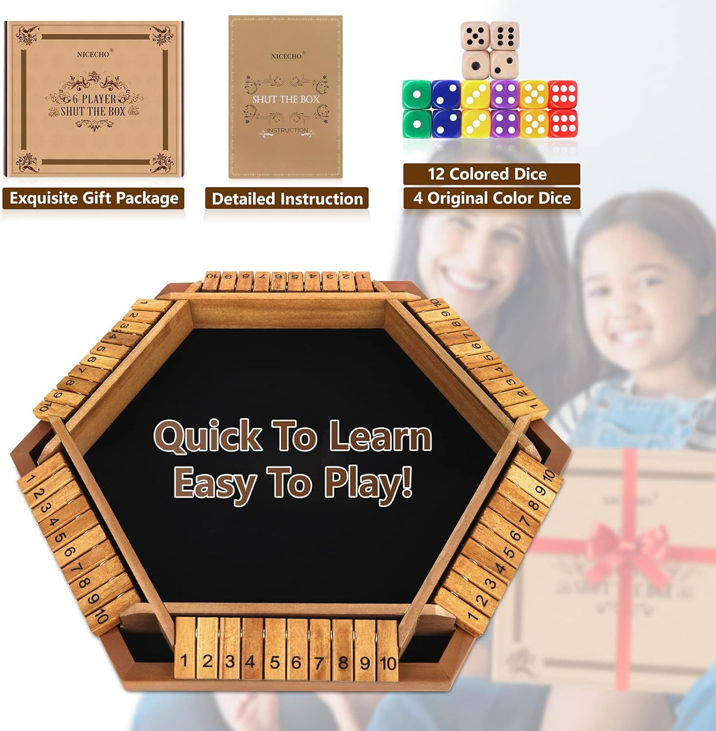 Nicecho 2-6 Players Shut the Box Dice Game, Wooden Board Table Math Game with 16