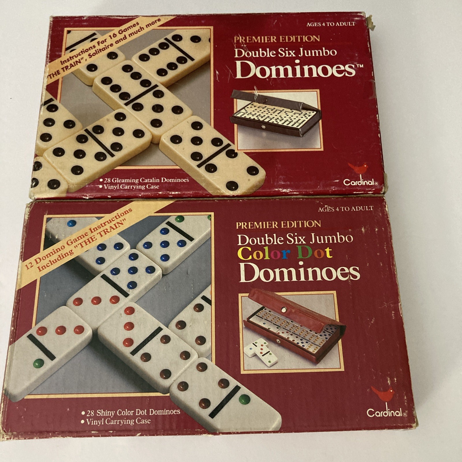 Lot of 2 Double Six Jumbo Regular & Color Dot Dominoes Cardinal Vintage Premier