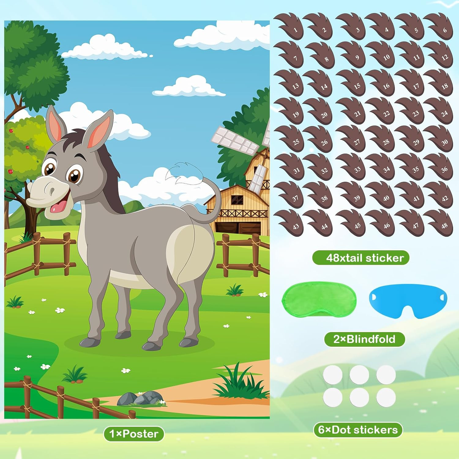 Pin The Tail On The Donkey Party Game with 48 Pcs Tails Large Farm Donkey Games