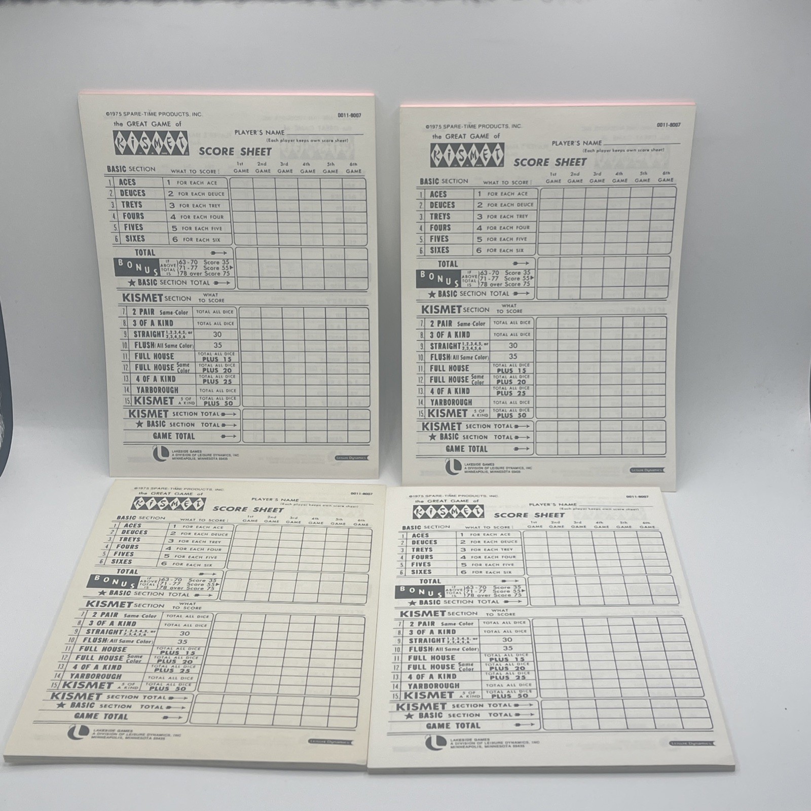 Vintage Kismet Game of Yacht 1975 Lakeside No. 8337 Score Pads Yahtzee