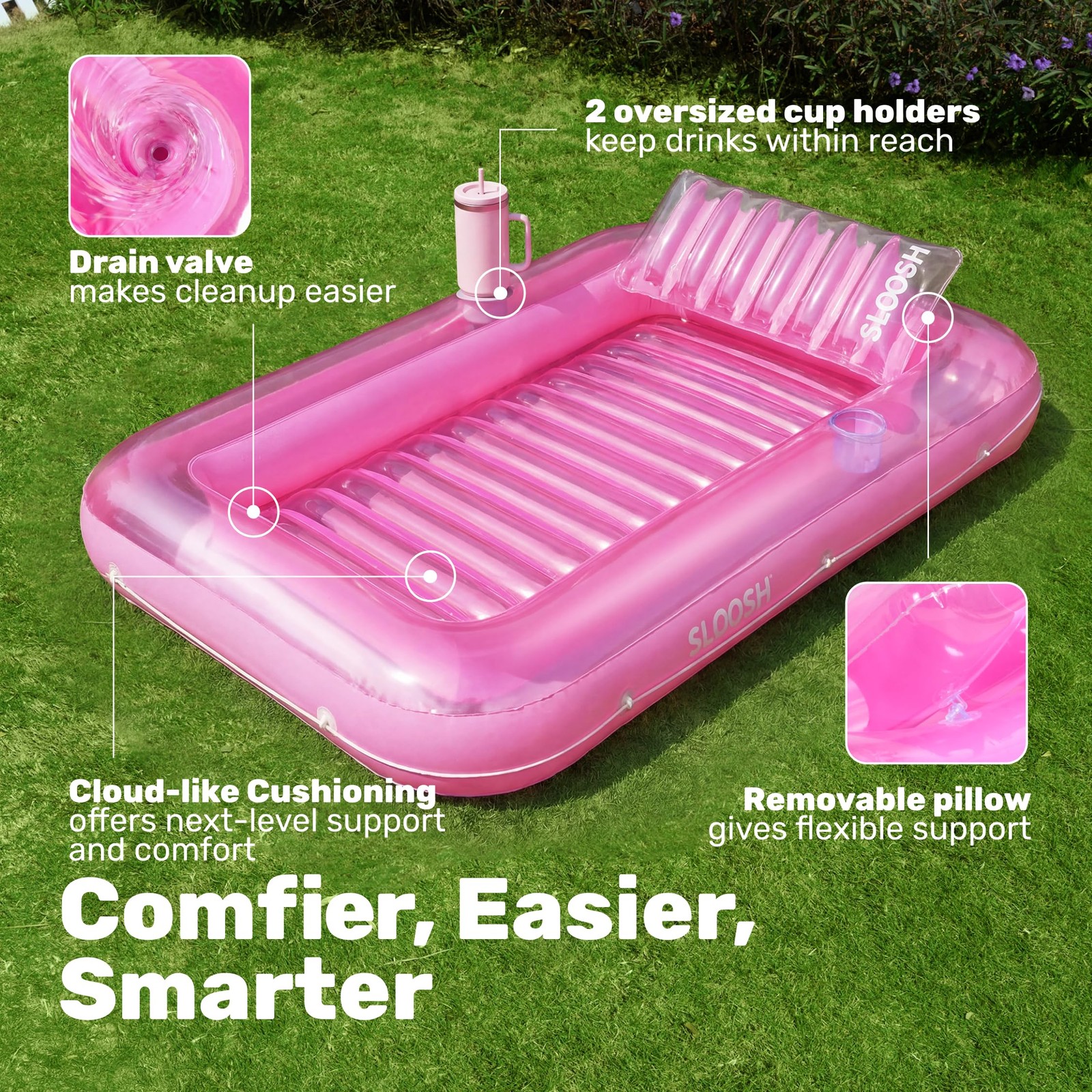 Pool Float Lounger 70 x 46 Inflatable Tanning Bed Large Pink SLOOSH Floats Adult