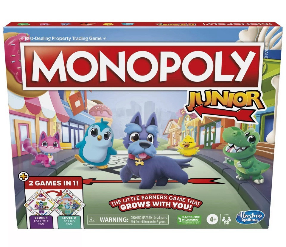 Hasbro Gaming Monopoly Junior Board Game 2-Sided Gameboard 2 Games in 1 Monopoly