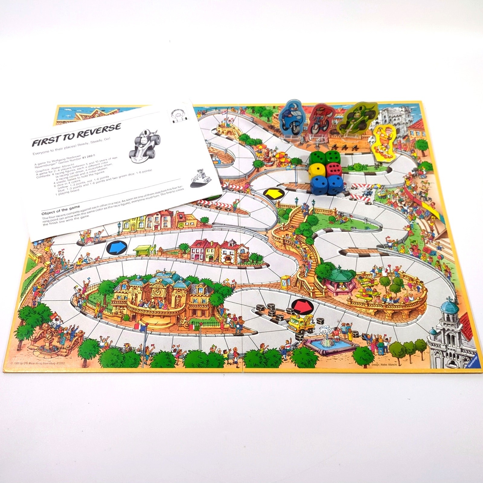 Vtg 1988 Ravensburger First to Reverse Board Game Near COMPLETE Kids Racing Dice