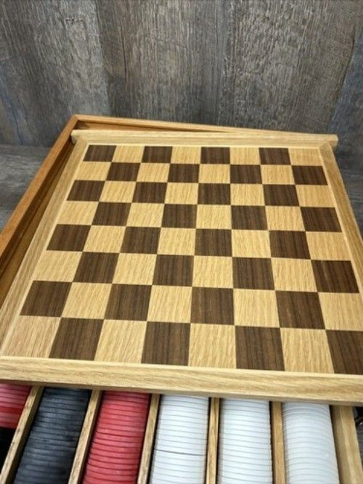 Vintage Wooden Multiple Game Board & Storage Case 12.63″x12.63″x3.25″ Excellent