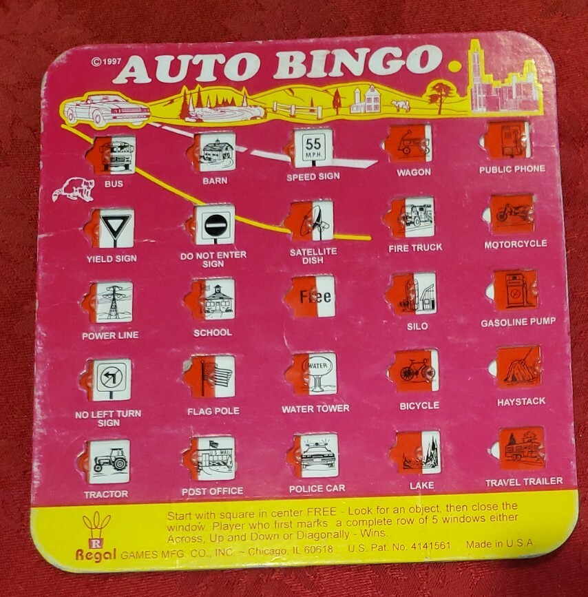 2x Auto Bingo Game Cards 1 Green 1 Pink Vintage by Regal USA Travel Road Trip