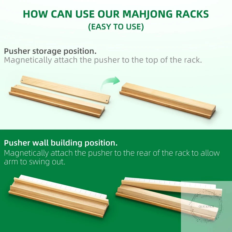 Wooden Mahjong Racks with Pushers, Set of 4, Solid Wood Tile Racks with Push Sli