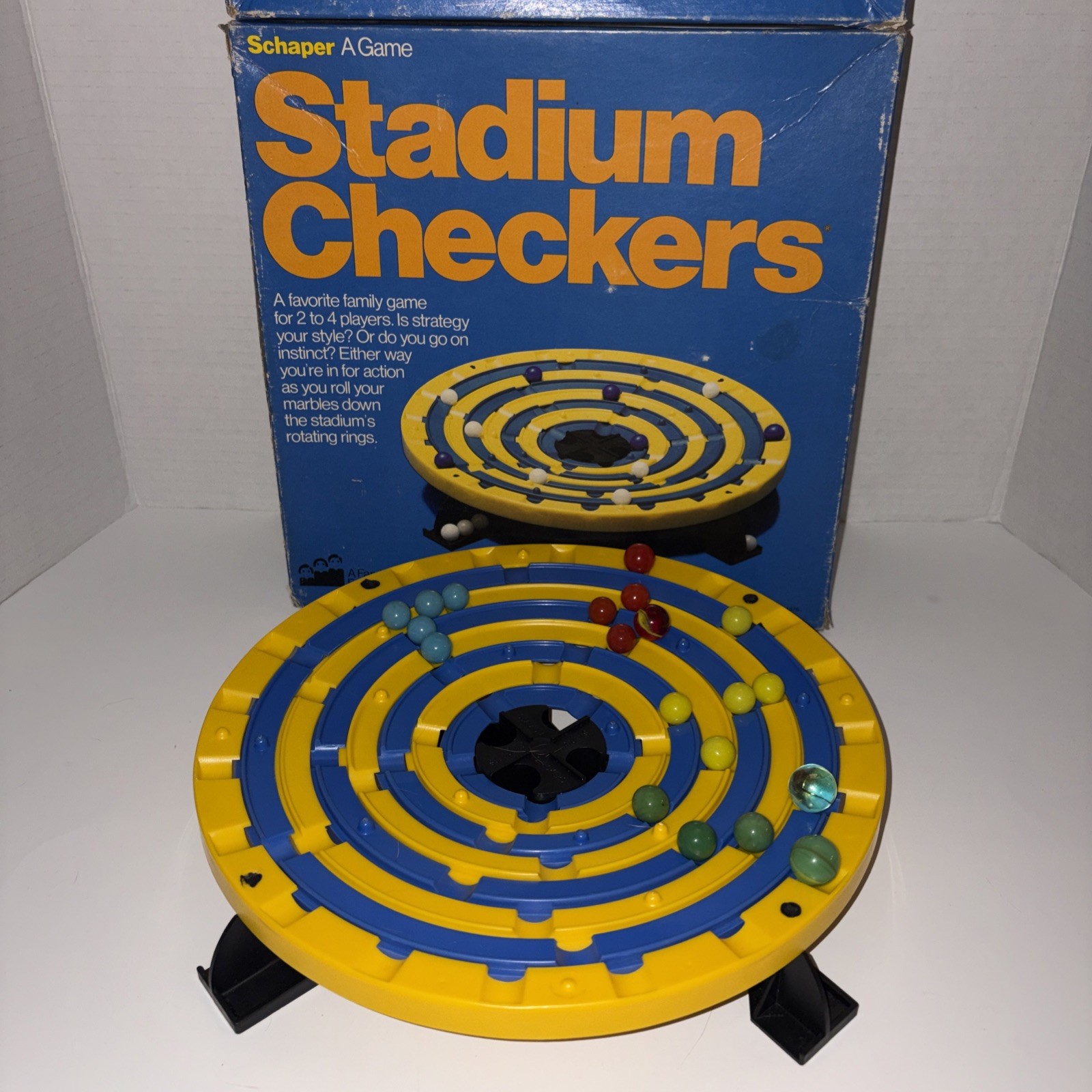 Vintage Schaper 1976 STADIUM CHECKERS. Missing 2 Red And 2 Green Marbles