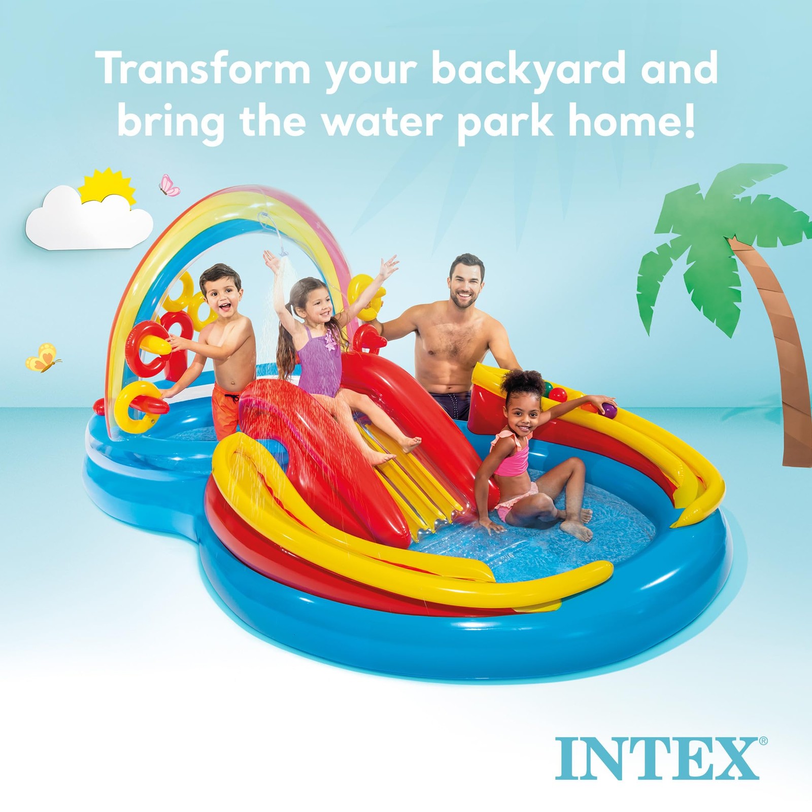 Inflatable Pool 117 x 76 53 Rainbow Slide Water Ring Toss Intex 57453EP Foot