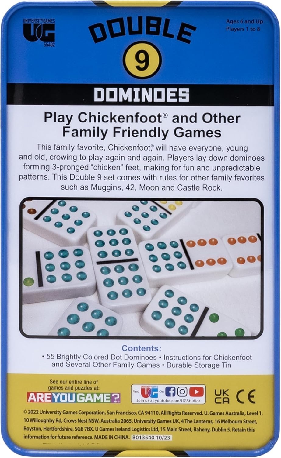 Double 9 Colored Dot Dominoes Travel Tin Set, 2 to 8 Players Ages 8 to 99