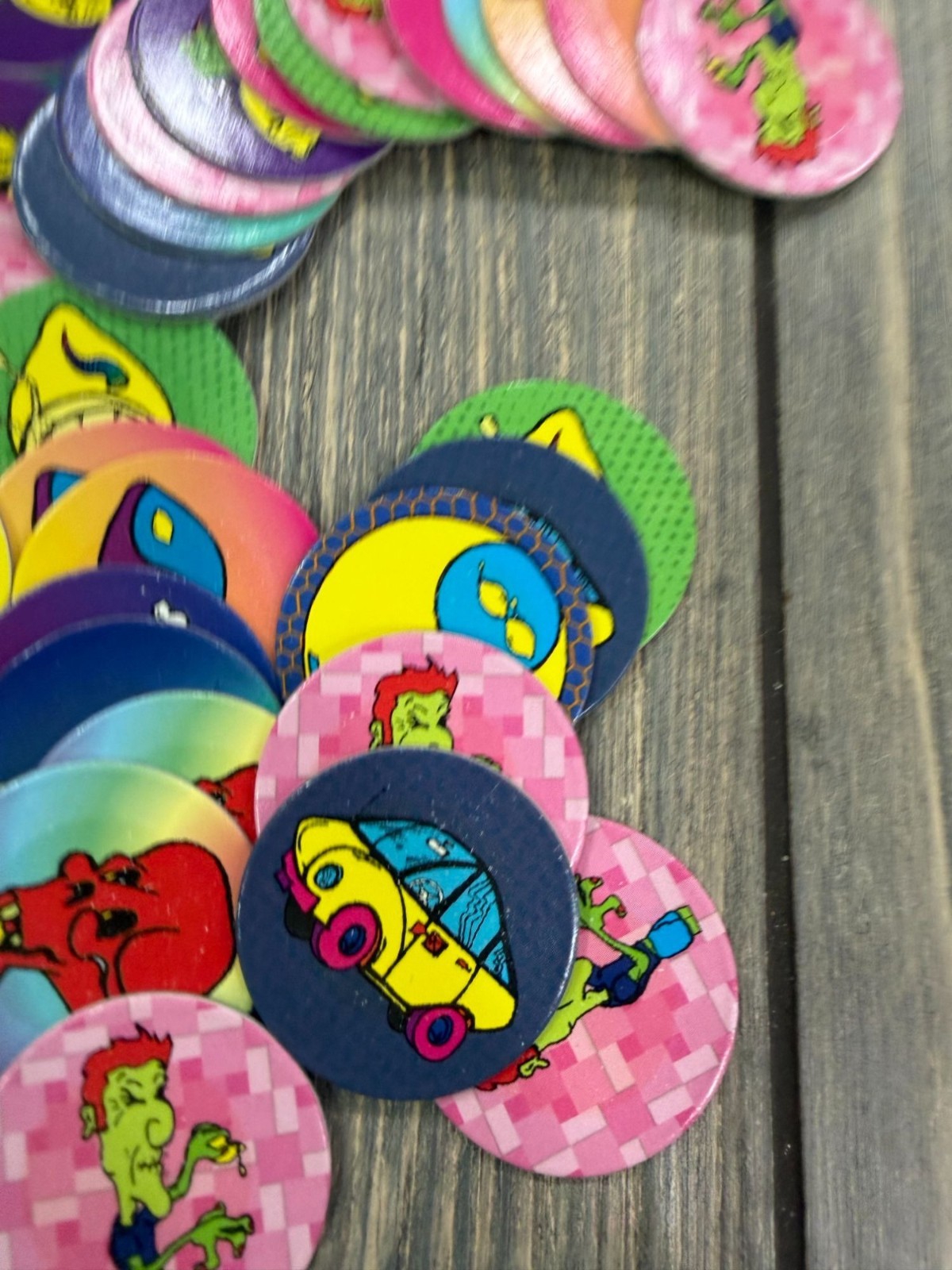 Vintage 90s Pogs Lot With Bright Graphics & Tube Container – Assorted Designs