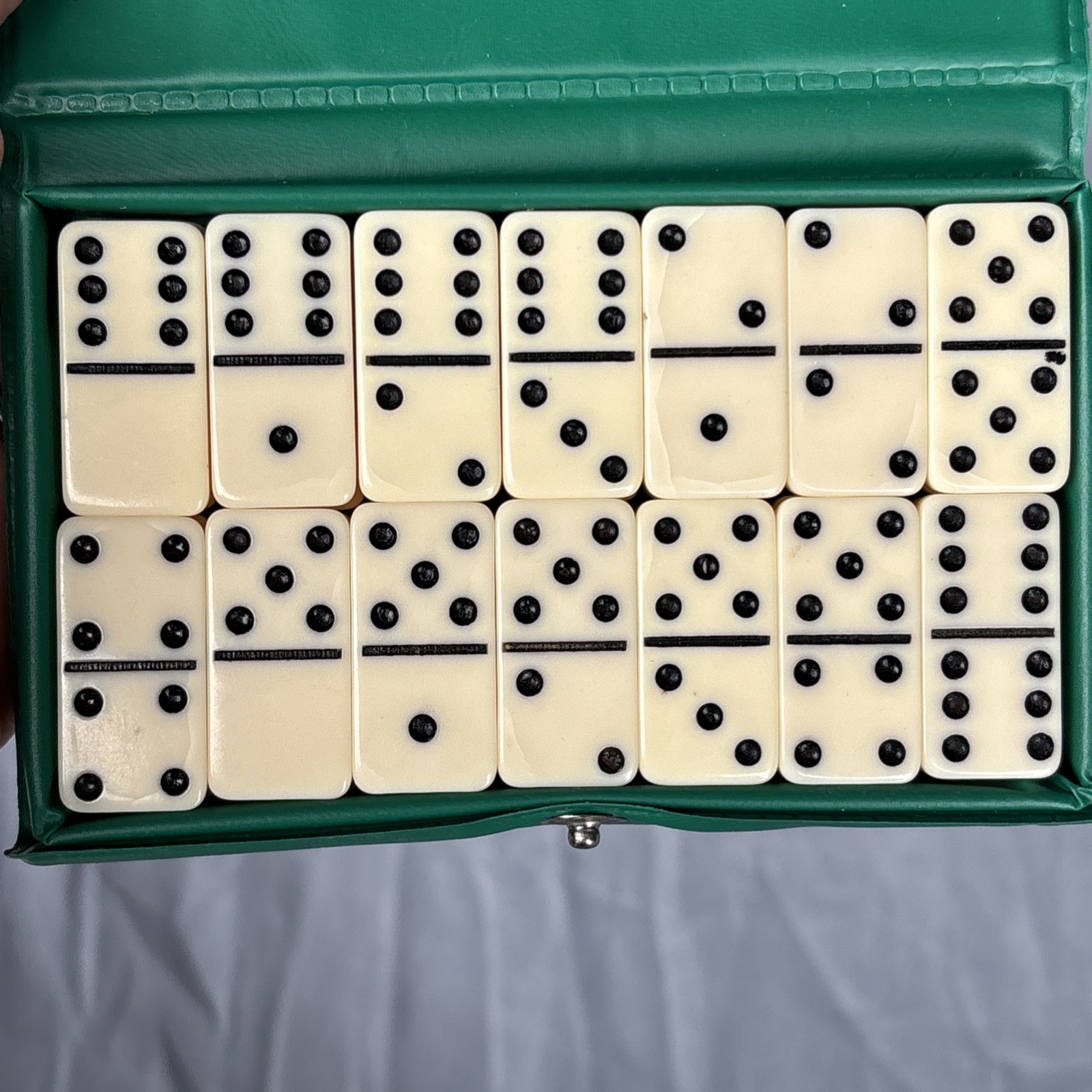 Vintage Double Six Dominoes Set in the Original Green Vinyl Case Made in Taiwan