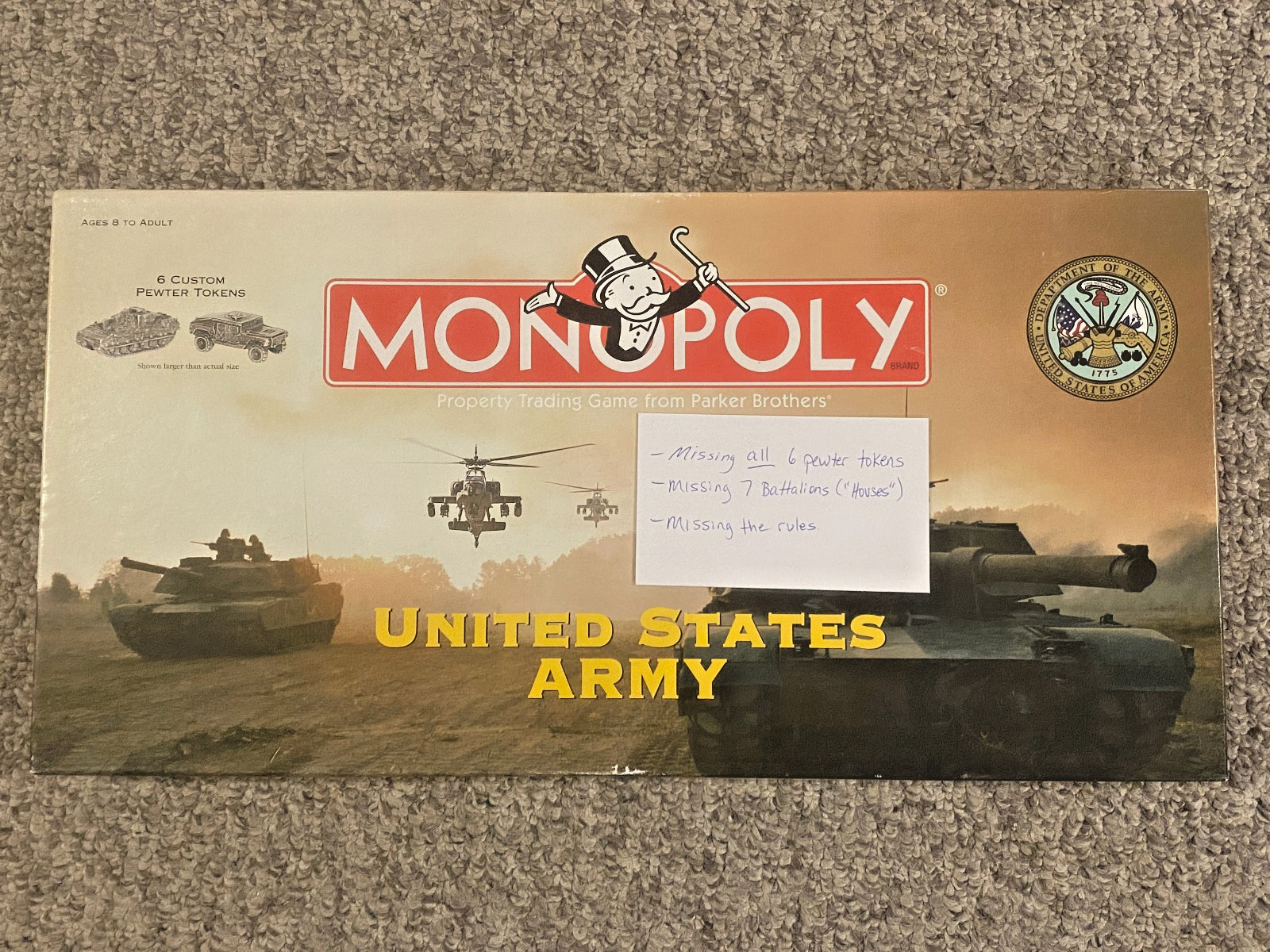 Monopoly: United States Army – Missing all 6 Pewter Tokens, Rules, & Some Houses