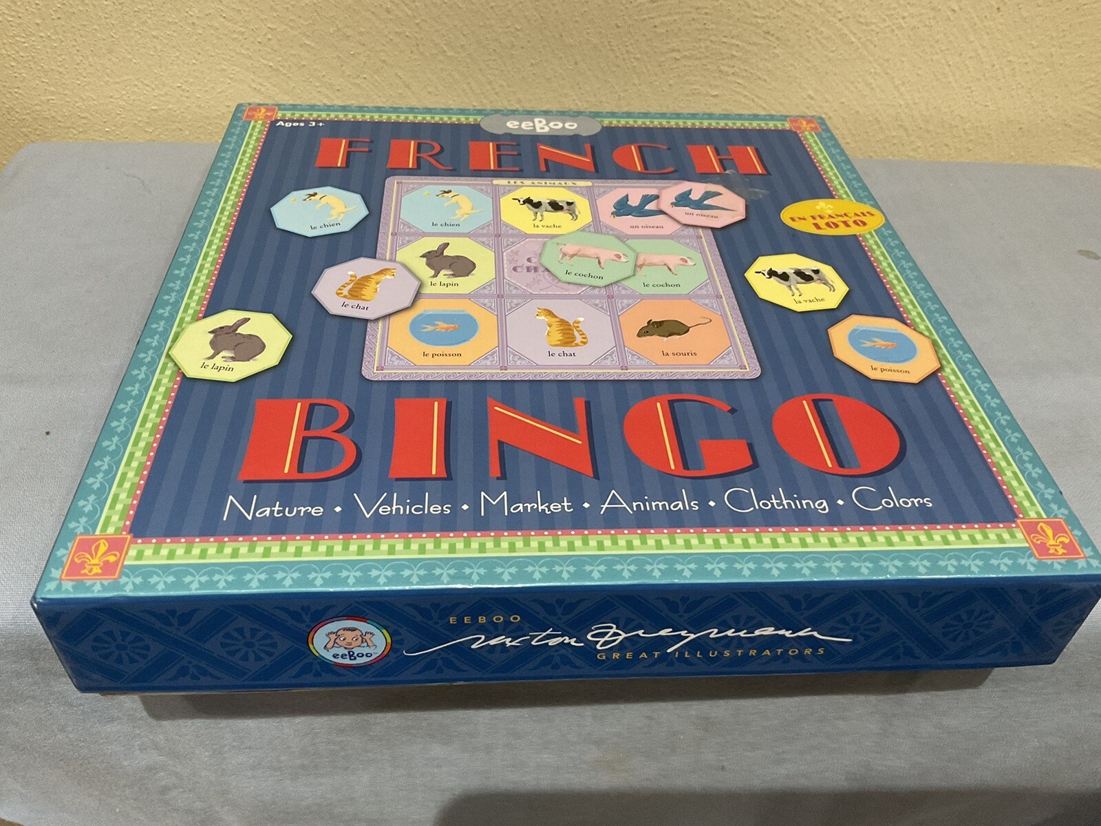 VTG. 2007 EEBOO FRENCH BINGO LOTTO EDUCATIONAL GAME, 3 YEARS PLUS, HOMESCHOOL