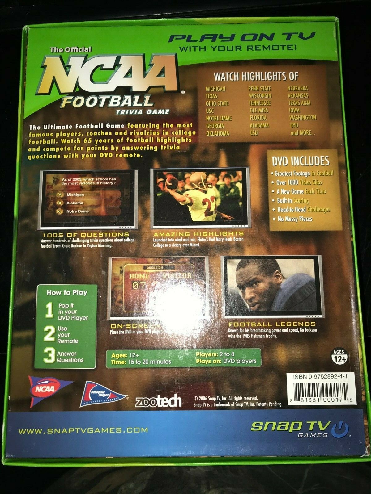 2006 NCAA Football Trivia Game Snap TV DVD Using Your Remote GREATEST HIGHLIGHTS
